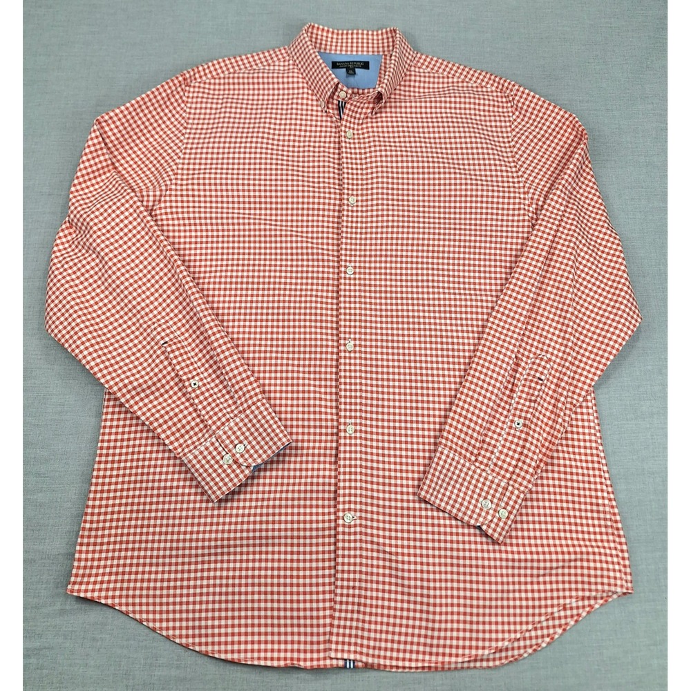 Banana Republic Mens XL Slim Fit Oxford Shirt Orange White Gingham Check Cotton